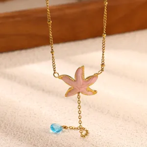 Gold stainless steel 18k plated pink starfish Y-necklace with blue drop charm ocean style