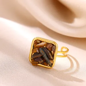 Bague carrée en acier inoxydable plaqué or avec pierre naturelle d'œil-de-tigre