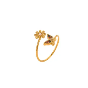 Gold adjustable open ring featuring a flower and butterfly design with colorful zirconia stones.