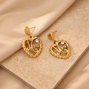 Detailed close-up view of 18k gold plated stainless steel heart mom zircon earrings.