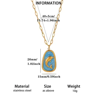 Blue enamel dolphin pendant necklace with 18k gold plated stainless steel chain, 10g.
