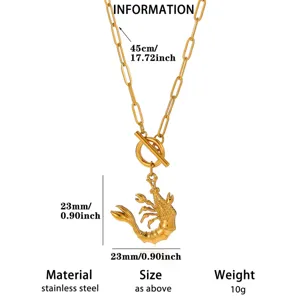 Stainless steel gold-plated lobster pendant necklace with t-bar closure, stylish jewelry.