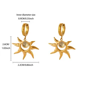 Stainless steel gold sun hoop earrings featuring detailed size dimensions for daily wear.