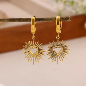 Gold sunburst heart hoop earrings, chic retro French style elegant jewelry for women daily wear