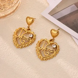 Gold stainless steel heart mama earrings with zircon detail, elegant fashion jewelry gift.