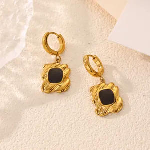 Stainless steel 18K gold plated flower drop earrings chic black inlay detail jewelry