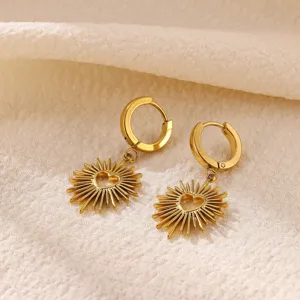 French vintage gold hoop earrings with hollow heart sunburst pendant elegant jewelry for women
