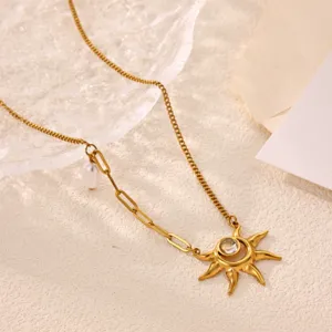 Stainless steel sun pendant necklace with pearl charm elegant gold clavicle chain for women jewelry
