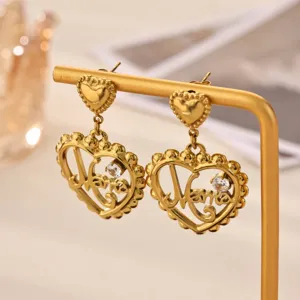 Gold-plated stainless steel heart Mama earrings detail view, sparkling cubic zirconia design.
