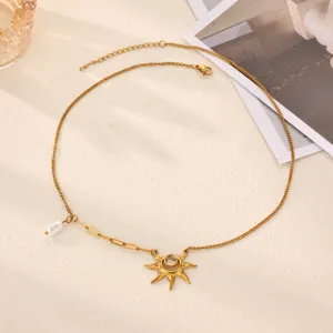 Gold stainless steel sun pendant necklace with pearl charm elegant clavicle chain jewelry