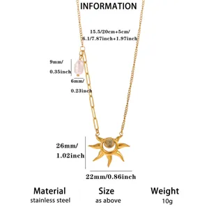 Stainless steel sun pendant necklace with pearl charm, detail view with size and specs.