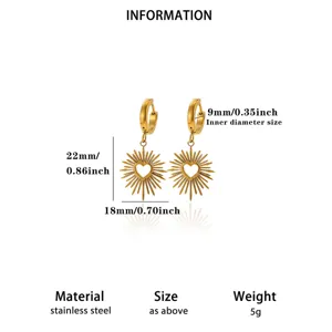 Detailed view of the golden sun heart stainless steel earrings with precise size specifications.