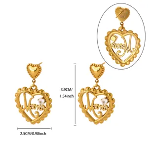 Stainless steel 18k gold plated heart Mama zircon earrings detail view with size specs.