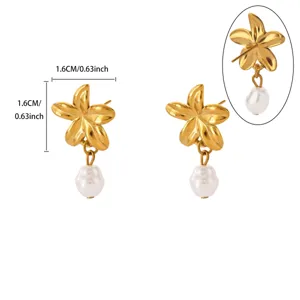 Gold sunflower pearl drop earrings stainless steel elegant flower jewelry women gift
