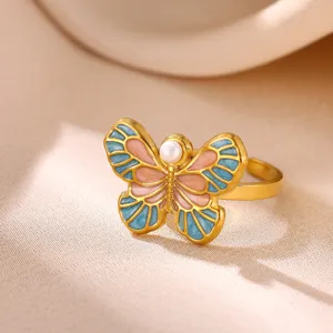 Exquisite 18K gold plated stainless steel butterfly open ring with charming colorful enamel.