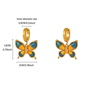 Gold plated stainless steel butterfly hoop earrings with blue yellow enamel specs