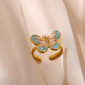 Exquisite 18K gold plated butterfly open ring with blue pink enamel and pearl detail chic jewelry