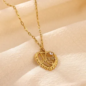 Fashion 18k gold plated stainless steel heart Mama zircon pendant necklace jewelry set.