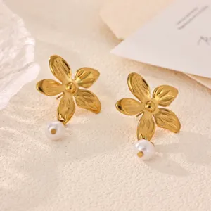 Sunflower 18k Gold Plated Stainless Steel Pearl Flower Earrings European Style Fashion Jewelry