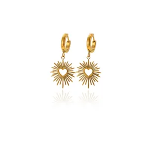 Gold vintage sunburst hoop earrings with hollow heart pendant for women elegant jewelry