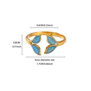 Gold stainless steel open ring with blue enamel geometric fish tail design elegant jewelry