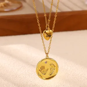 Double layer gold necklace with love heart and handprint footprint round pendant jewelry gift