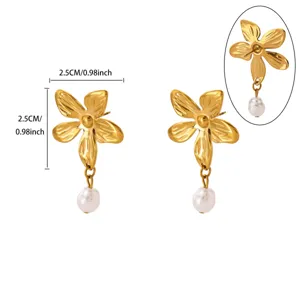 Gold flower earrings with hanging pearl elegant botanical design dainty jewelry for women