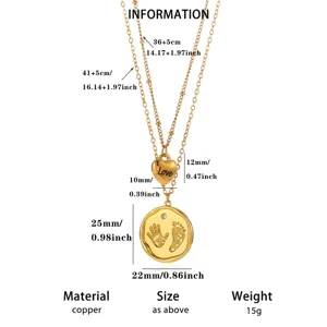 Gold color double layer necklace detail with dimensions, copper material and baby footprint pendant.
