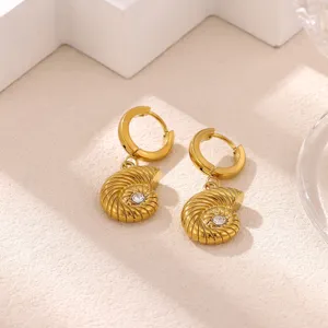 Gold Stainless Steel Nautilus Shell Hoop Earrings with CZ Crystal for Fashion Women