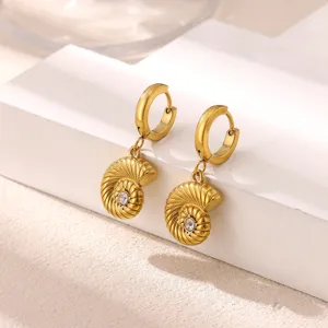 Gold seashell hoop earrings with sparkling zircon inlay, chic 18k gold plated stainless steel jewelry.