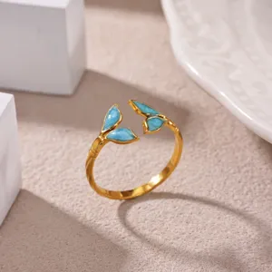 Gold plated stainless steel open ring with blue enamel, minimalist geometric jewelry for women.
