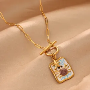 Stainless Steel 18K Gold Plated Necklace Enamel Starfish Ocean Theme Pendant Detail