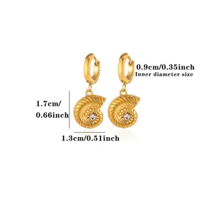 Gold seashell hoop earrings with sparkling zirconia inlay, stylish metal jewelry for daily wear.