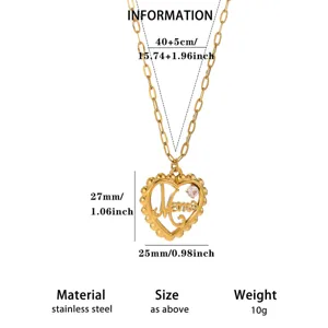 Detail view of the stainless steel gold plated heart pendant necklace with clear zircon stone.