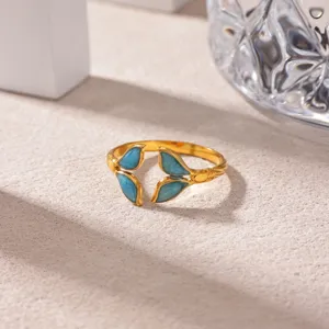 Gold stainless steel open ring with blue enamel leaf design chic fashion women jewelry