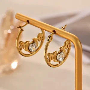 Stainless steel 18k gold plated Mom heart zircon hoop earrings detailed view for gift.
