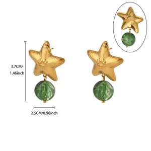 Gold plated stainless steel star drop earrings with green marbled bead, 3.7cm length.