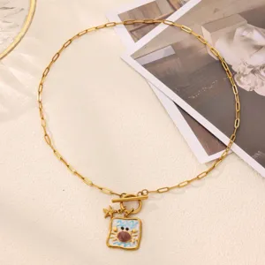 Gold plated stainless steel paperclip chain necklace with cute enamel pendant and star.