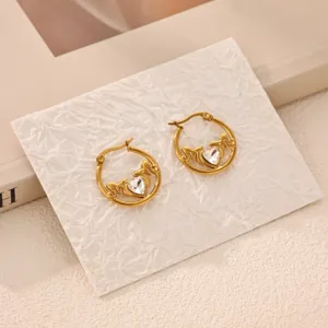 Detailed view of 18k gold plated stainless steel heart zircon MOM hoop earrings for women gift.