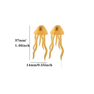 Gold jellyfish drop earrings with detailed size measurements, elegant and unique design for daily wear.