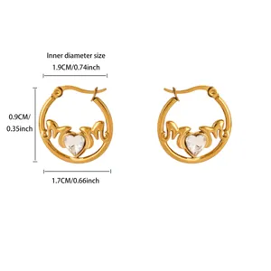 Gold stainless steel MOM heart cubic zirconia hoop earrings with detailed dimension guide.