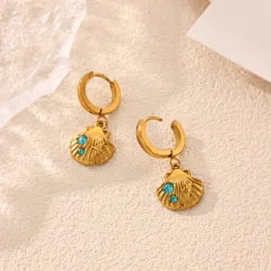 Gold stainless steel seashell hoop earrings with blue crystal stones for women elegant jewelry