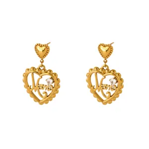 Gold plated heart earrings with zircon and Mama script, elegant stainless steel jewelry.