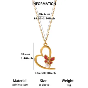 Stainless steel clavicle chain featuring asymmetric heart pendant, red butterfly and pearl decor.