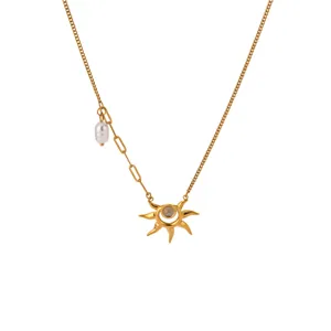 18k gold plated stainless steel asymmetric sun pearl pendant necklace for women fashion jewelry