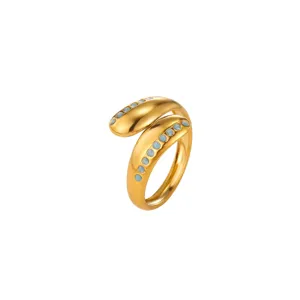 18K Gold Plated Stainless Steel Blue Enamel Open Geometric Ring for Women Fashion