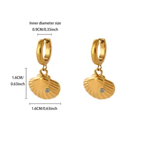 Gold shell hoop earrings with blue zircon detail, stainless steel jewelry, detailed size view.