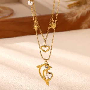 Exquisite multi-layer gold stainless steel necklace featuring cute dolphin and pearl charms.