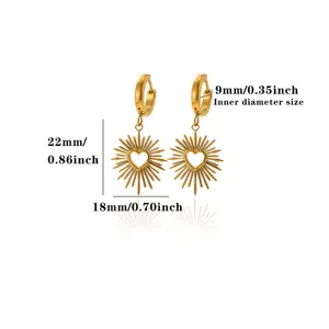 Gold sunburst heart hoop earrings detail view showing 22mm height and 9mm inner diameter size.