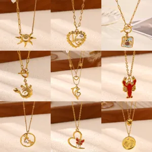 304 Stainless Steel Drip Oil Heart Lobster Sun Pendant Necklace Rhinestone Artificial Pearl Clavicle Chain Jewelry For Women